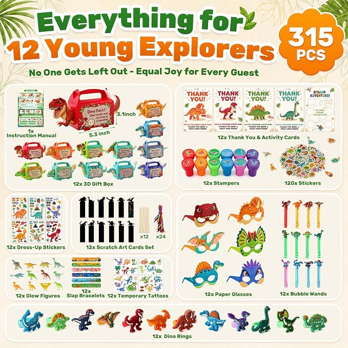 LovesTown 315PCS Dinosaur Party Favors for Kids Birthday, Dino Goodie Bag Fillers Stuffers, Birthday Party Supplies Gift Set for 12 Kids, Classroom Prizes Treasure Chest Toys