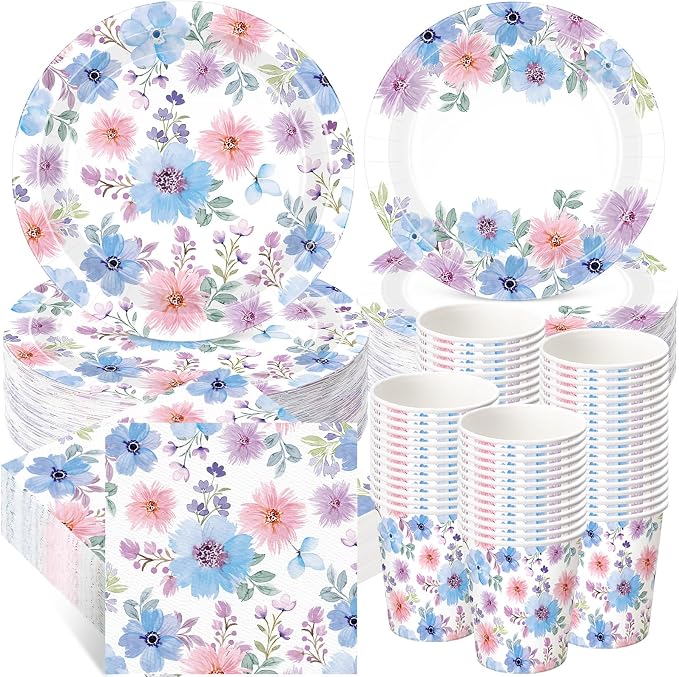 Ziliny 250 Pcs Spring Flower Party Decorations Include Watercolor Floral Paper Plates Napkins and Cups for Summer Wedding Baby Shower Tea Decorations, Serve 50 Guest