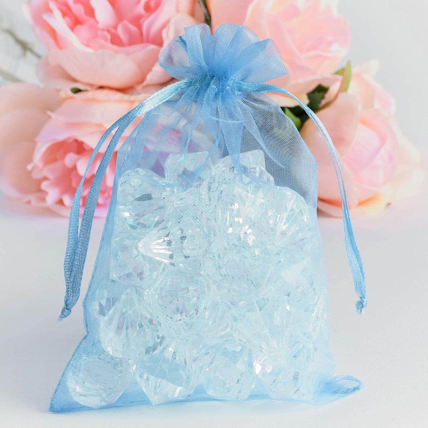 Super Z Outlet 100 Pack 5x7 Inch Mini Sheer Drawstring Organza Transparent Bags Jewelry Sack Pouches for Wedding, Party Decorations, Arts & Crafts Gifts (Light Blue)