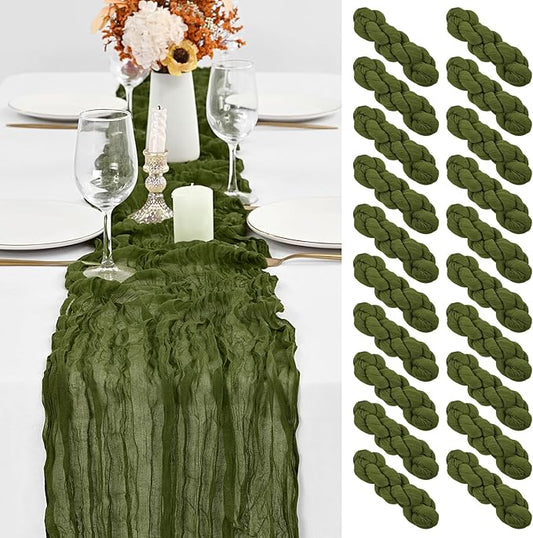 20 Pack Olive Green Table Runner 10Ft Cheesecloth Table Runner Romantic Boho Gauze Table Runners Long Sheer Fabric Cheese Cloth Table Runners for Wedding Party Bridal Shower