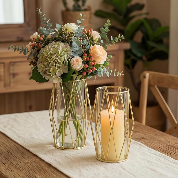 NUPTIO Gold Geometric Hurricane Glass Candle Holders, Set of 2 | 2 Matching Diamond Frames, Clear Cylinder Vases, for Flowers, Pillar Candles, Wedding Party Table Centerpieces