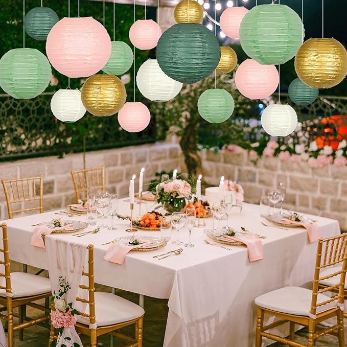 ADLKGG Paper Lanterns Decorative, Hanging Paper Lantern Decorations for Valentines Day Decorations Graduation Wedding St. Patrick's Day Neutral Baby Shower Home Decor Sage Green/Pink/Gold 21pcs