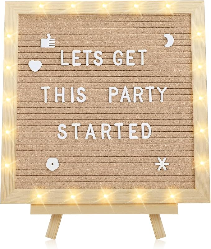 Changeable Felt Letter Board with LED Lights - 10×10" Message Custom Signs & Wood Stand& 450 Letters, Poster Board for Baby/Pregnancy Announcement/Classroom Wall Decor Gifts First Day of School, Camel