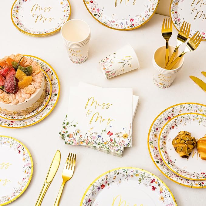Crisky Bridal Shower Plates and Napkins Gold Miss to Mrs Floral Disposable Paper Tableware Set of 24 for Wedding Bridal Shower Decorations (9" & 7" Plates, Napkin, Cups, Tablecloth, Knife & Fork)