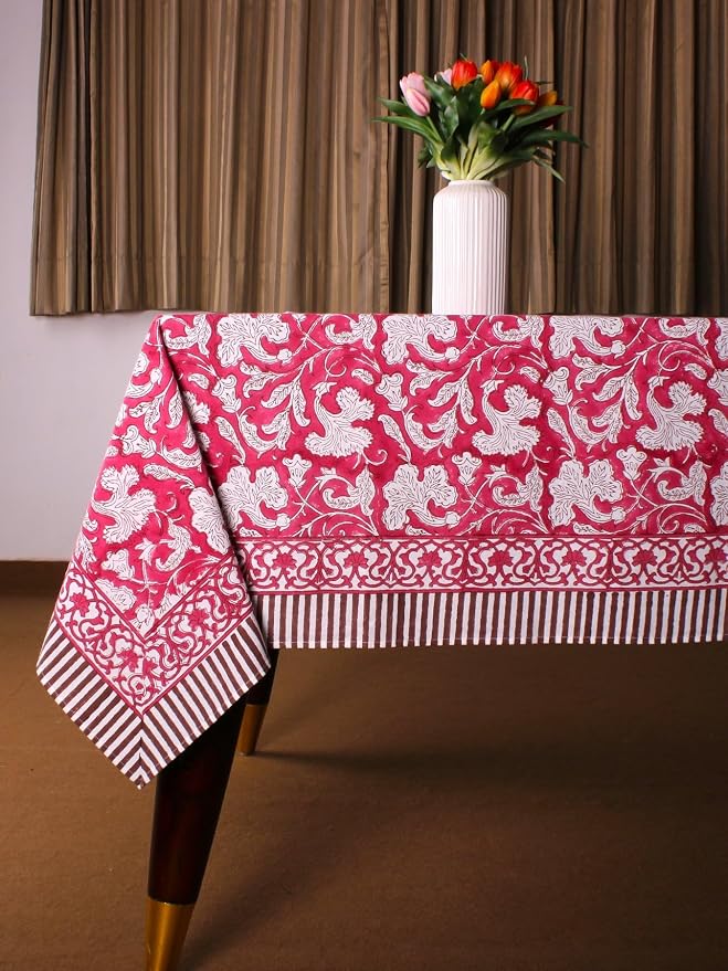 Ridhi Deep Pruce Red Hand Block Print Cotton Rectangle Tablecloth 120" x 80" inches Reusable Table Cover Decorative Everyday Use for Dining Room, Farmhouse, Home Gift for Spring, Mother's Day