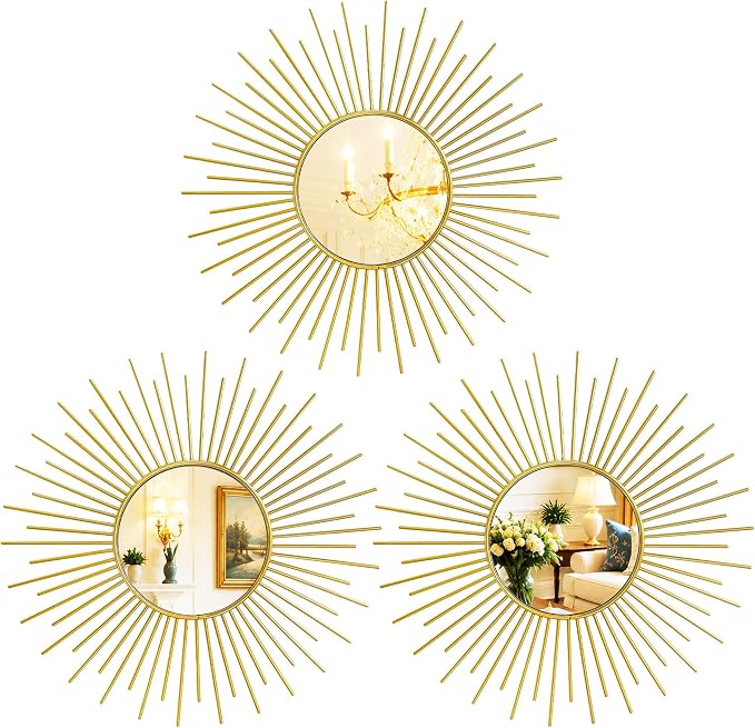 3 Pack Metal Mirrors for Wall Sunburst Wall Mirrors Home Décor Decorative Hanging Wall Art for Living Room Bedroom Entryway (Gold2, Sunburst)