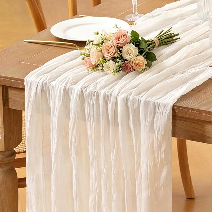 Ivory White Cheesecloth Table Runner 12pcs Mother's Day 10FT Boho Rustic Sheer Gauze Cheese Cloth Table Runner 35x120 Inch for Spring Wedding Bridal Baby Shower Birthday Home Decor
