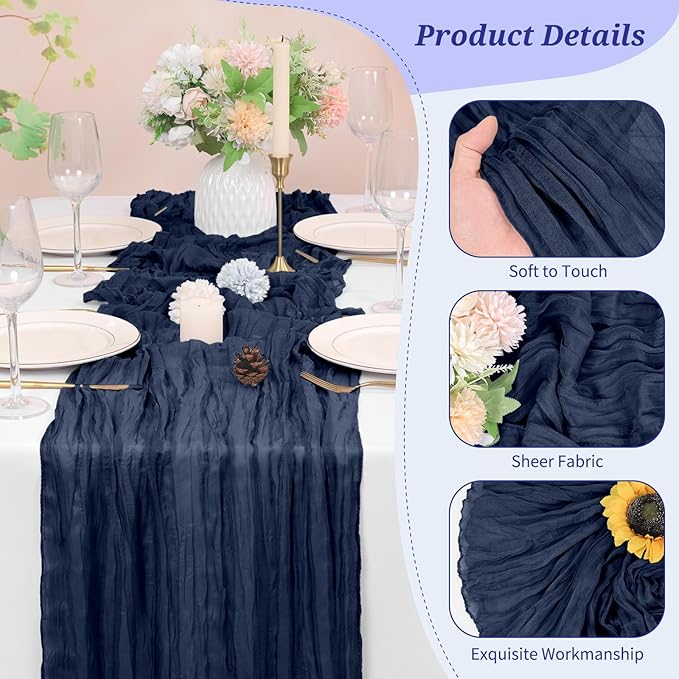 10 Pack Cheesecloth Table Runner Navy Blue, Rustic Boho Gauze Fabric Table Runner Romantic Table Runner for Wedding, Festival, Birthday, Anniversary, Dinner and Outdoor Events (17.7 x 108 inch)