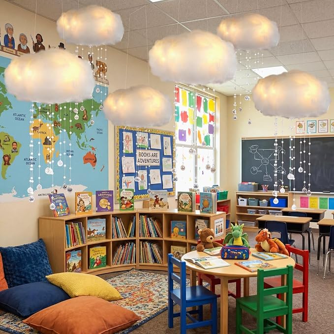 Marsui Artificial Cloud Props LED Hanging Cloud Light String Fake Imitation 3D Cotton Classroom School Decor Raindrop for Room Ceiling Baby Shower Party Wedding Nursery Classroom Wall DIY Decor(6 Pcs)