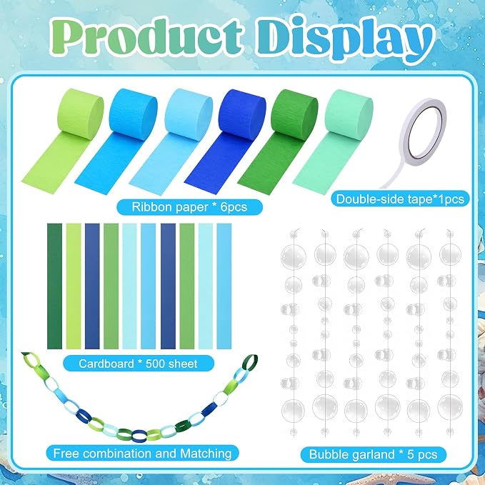 500 Sheets Under The Sea Paper Chain Strips Garlands Set, 492ft Blue Green Crepe Paper Streamers and 33ft Clear Bubble Garland for Ocean Theme Birthday Party Baby Shower Hanging Decorations