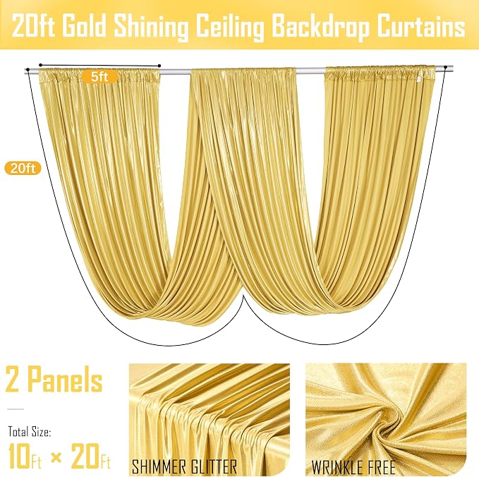 gogoparti 10x20FT Gold Shimmer Backdrop Curtains for Weddings Parties - 2 Panels of Extra Long 5x20FT Drapes, Includes Dual Pole Pockets, Wrinkle-Free Fabric for Party, Photo Booth & Tent Decoration