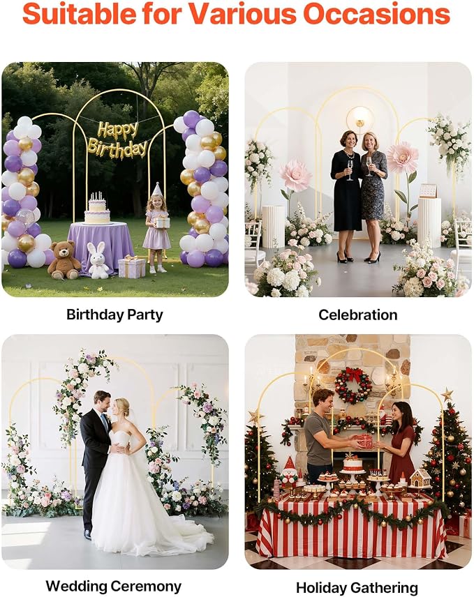 VEVOR Arch Backdrop Stand, Set of 3, 7.2/6.6/6 ft, Stable Structure, Easy Assembly, Gold Metal Arch Backdrop Stand for Wedding, Birthday Party, Graduation, Holiday Celebration, and Ceremony Decoration
