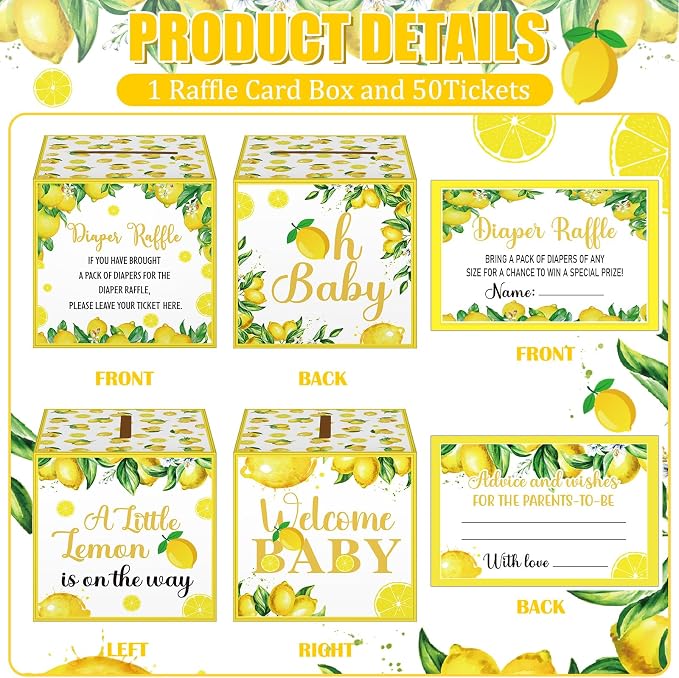 Teling 51 Pieces Diaper Raffle Tickets with Card Baby Shower Decorations Gender Reveal Holder Box for Girl Boy Diaper Raffle Party(A Little Lemon is on the Way)