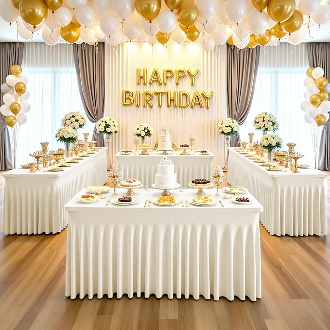 4 Pack 6ft Ivory Spandex Table Cloths for Rectangle Tables Wrinkle Free Ivory Rectangle Tablecloths Stretch Fitted Table Cover with Skirt for Wedding Birthday Party Banquet Baby Shower Buffet Event