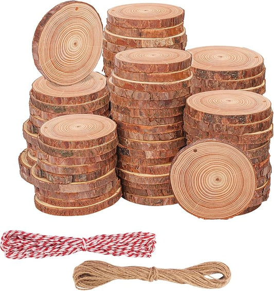 90 PCS Natural Wood Slices with Hole for Crafts, Diameter 3.54-3.94 Inch, Perfect Wood Slices Wooden Circles and Discs for Centerpieces, Decorations, and More(Include 2 Rope)