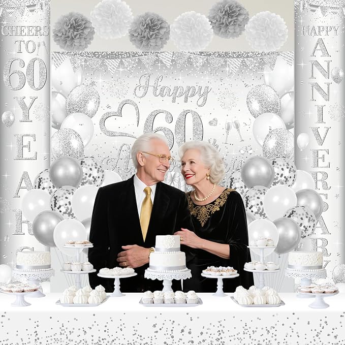 Silver Happy 60th Anniversary Decorations for Men Women, Silver 60th Wedding Anniversary Party Decorations Banner, Porch Banner, Tablecloth and Balloons Kit Party Supplies