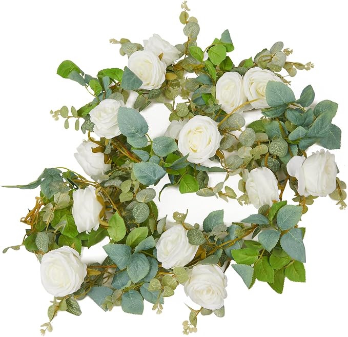 PONKING Flower Garland Artificial Rose Vine Flowers Hanging Fake Roses Vines for Wedding Birthday Party Valentines Christmas Room Wall Arch Decor, 2 White Floral Garland Decorations, High Realistic