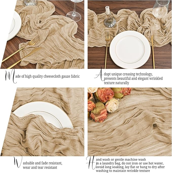 24 Pack Beige Table Runner 10Ft Cheesecloth Table Runner Rustic Gauze Table Runners Romantic Long Sheer Fabric Cheese Cloth Table Runners for Wedding Party Bridal Baby Shower