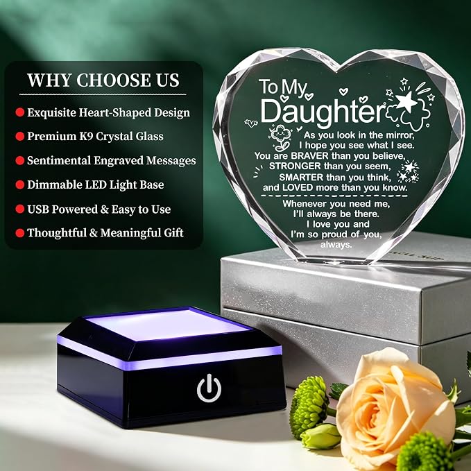 Daughter Best Birthday Graduation Gifts Ideas for Daughter Crystal Heart Plaques Gifts for Crystal Keepsake Present with Light Base Gift for Daughters on Christmas Valentines Mothers Day