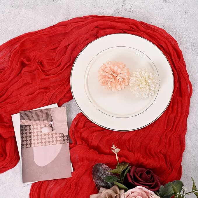 12 Pack Red Cheesecloth Table Runner 120 inch Fall Thanksgiving Boho Rustic Gauze Farmhouse 10FT Cheese Cloth Runner for Baby Shower Wedding Party Holiday Home Decor