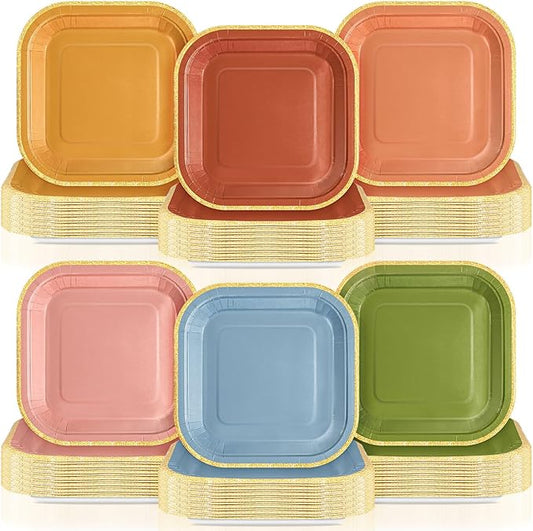 120 Pcs Bright Wildflower Colorful Vintage Paper Plates 7 Inch Gradient Disposable Square Dessert Party Plates with Gold Edge for Birthday Wedding Bridal Baby Shower Party Supplies, 6 Colors