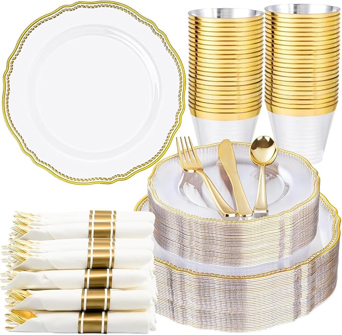 Hioasis 175pcs Clear Gold Plastic Plates - Gold Plastic Dinnerware Set Includes 25 Dinner Plates, 25 Dessert Dinnerware, 25 Cups, 25 Napkins Perfect for Wedding & Party