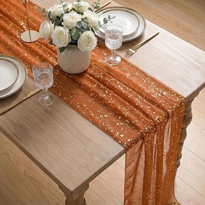Artoid Mode 6PCS Caramel Gauze Gold Table Runner 120 Inch 10FT, Glitter Metallic Foil Sheer Dining Wedding Anniversary Holiday Table Decor for Home Party