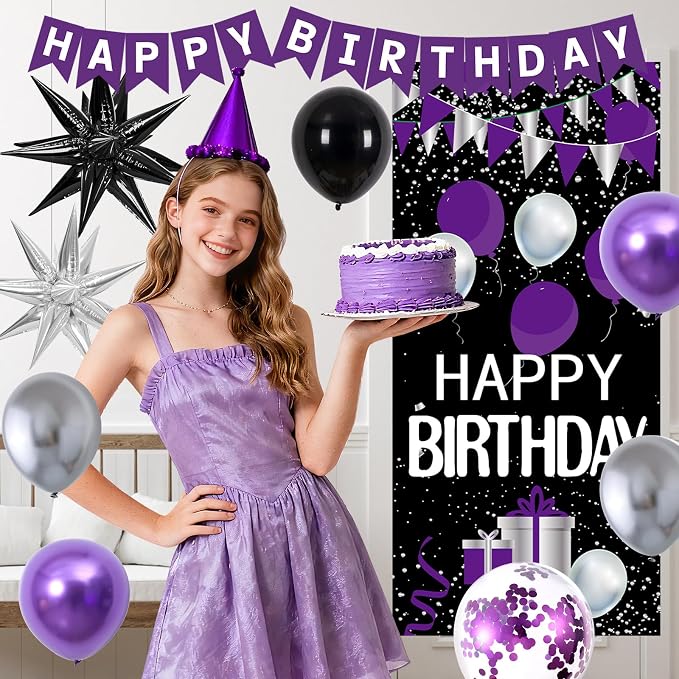 Purple and Black Birthday Decorations for Women Men, Happy Birthday Decorations for Girls Boys Purple Bday Party Decorations Banner, Balloons, Tablecloth Foil Backdrop Star Balloons Bday Party Decor
