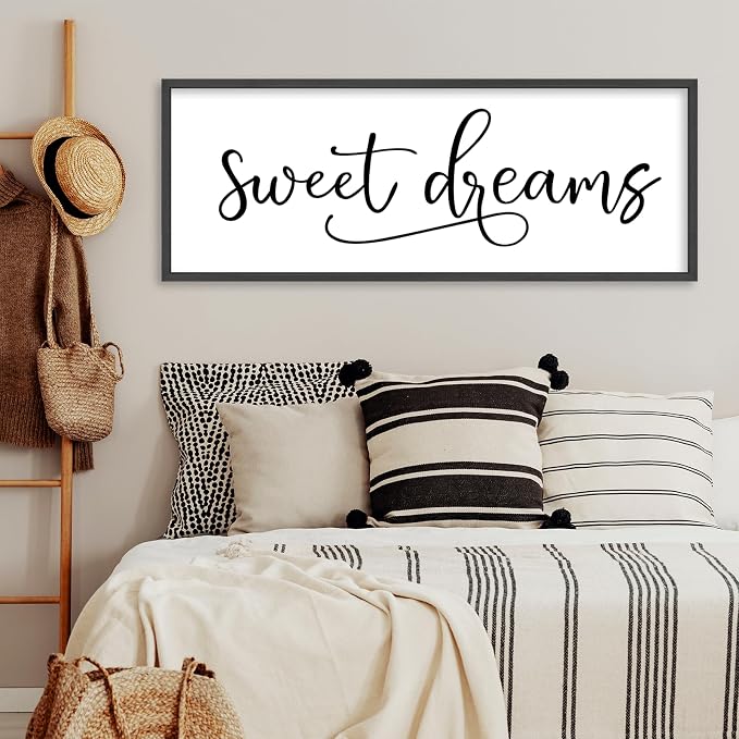 YWJKWLGS Sweet Dreams Wall Decor Signs Above Bed Bedroom Wall Art Over Bed | 40x15 Inch Farmhouse Handwritten Art Large Rustic Black Wood Framed Master Guest Room Kids Room Wall Hanging