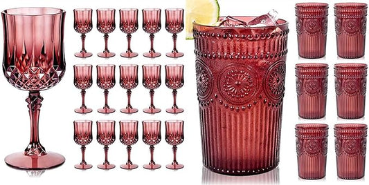 Ciaell 24PCS Burgundy Plastic Wine Glasses 12 Pack Romantic Plastic Water Glasses for Juice, Beverages, Beer, Cocktail & Christmas
