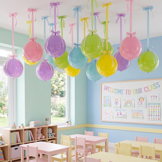 Civaner 26 Sets Pastel Classroom Decorations 4d Large Pastel Balloons for Ceiling with Satin Ribbon Back to School Hanging Ceiling Balls with Bows for Teacher Welcome Party Birthday Wedding