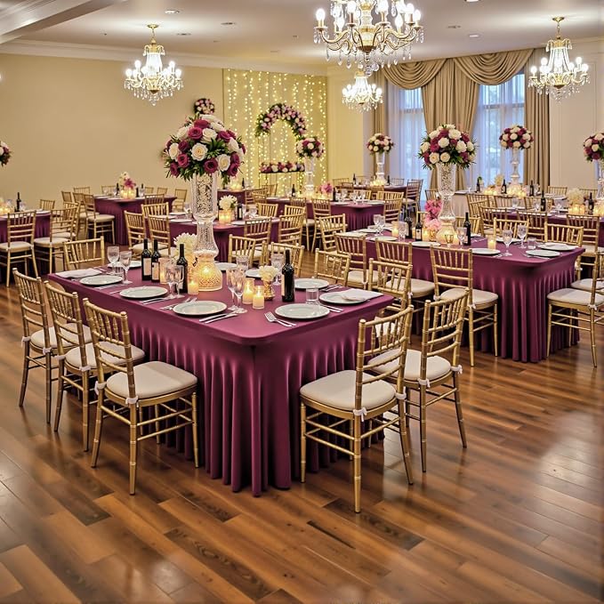 2 Pack Burgundy Spandex Table Clothes for 6 Foot Rectangle Tables, Wrinkle Free Fitted Table Cover 6ft Maroon Stretch Tablecloths with Skirt for Parties Weddings Birthday Banquet Baby Shower