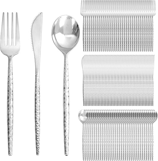 Supernal 360Pcs Silver Plastic Silverware,Disposable Silverware Heavy Duty,Hammered Disposable Cutlery,Plastic Utensils Set Include 120 Knives,120 Forks and 120 Spoons for Wedding,Party&Halloween
