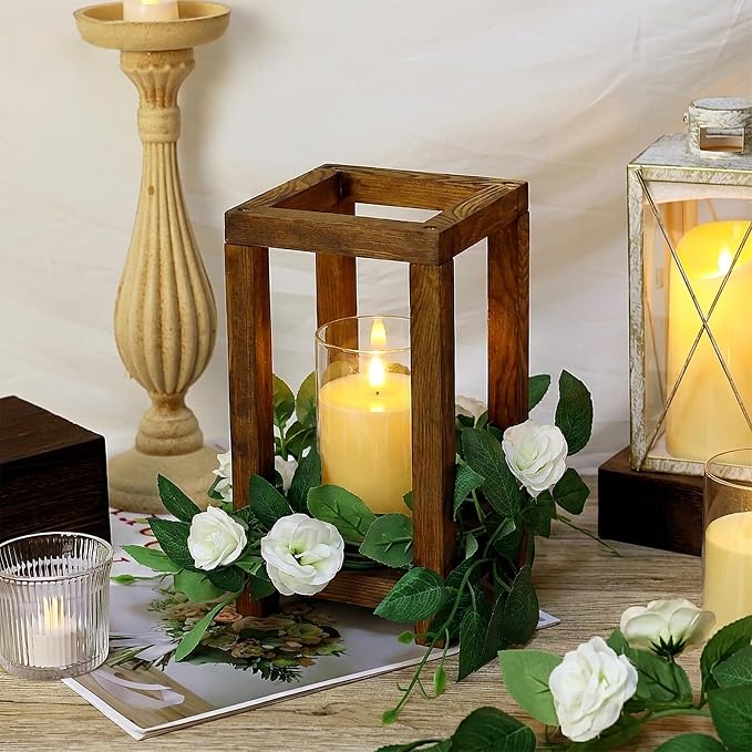 18 Pcs Wooden Lanterns - 6 Wooden Wedding Centerpieces 6 White Roses Candle Wreaths 6 LED Flameless Candles for Rustic Farmhouse Country Wedding Party Table Decor