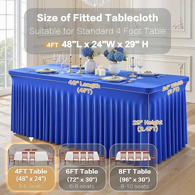 Shillance 2 Packs Royal Blue Tableclothes for 4 Foot Rectangle Table,Wrinkle Free Spandex Tablecovers 4FT Stretch Fitted Table Cloth with Skirt for Birthday Parties Graduations Event Wedding Banquet