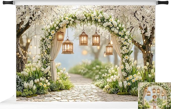 Kate Spring Flower Arch White Blossoms Lanterns Photo Backdrop, 7x5ft | Features Spring Flower Arch White Blossoms Lanterns Pathway; Photo background for spring portraits and seasonal photography.