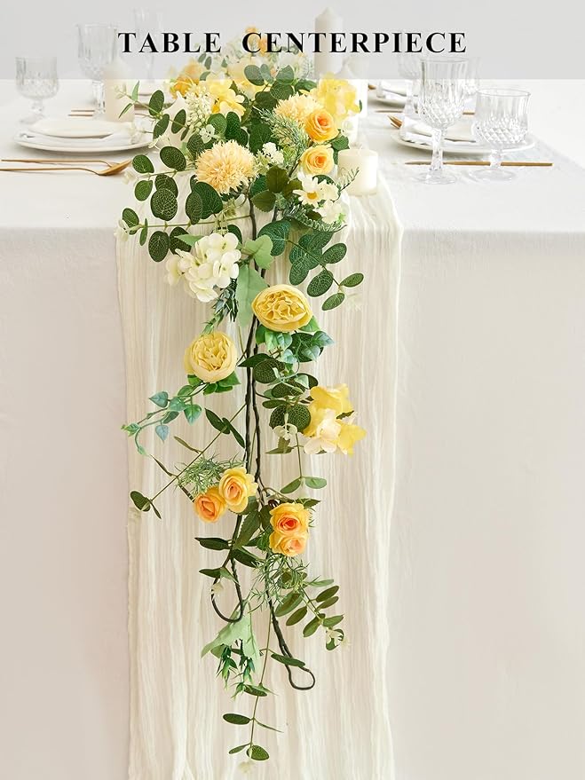 MISSPIN 5.9Ft Eucalyptus Garland with Flowers, Artificial Fake Flower Greenery Spring Garland for Baby Shower Wedding Mantle Table Centerpiece Spring Decor