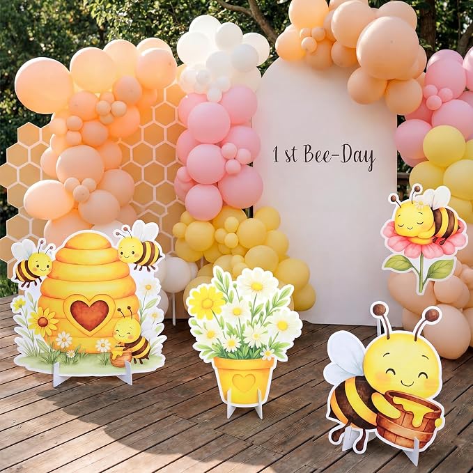 Honoson 4 Pcs 22.8" x 23.6" Large Bee Baby Shower Decorations Cardboard Cutouts, a Little Honey is on The Way Bee Theme Backdrop Daisy Sunflower Yard Signs for Birthday Party Supplies Photo Prop