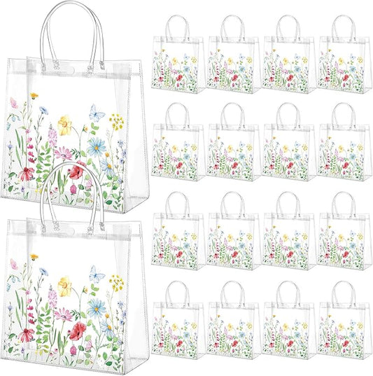 Kacctyen 24 Pcs Gift Bags for Party Favor Clear Goodie Bags with Handle 7.87 x 7.87 x 3.15 Return Gift Wrap Totes for Guests Treat Candy Wrapping(Colorful Wildflowers)