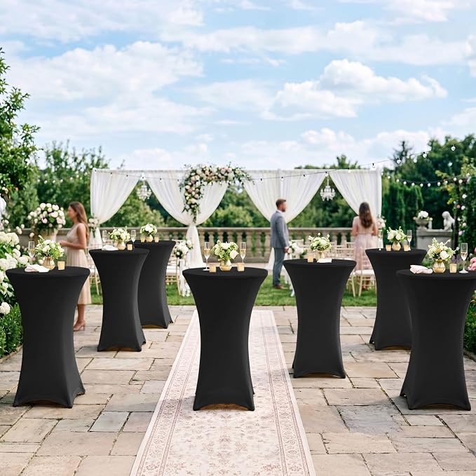 Cocktail Table Covers-Spandex Round High Top Table Cloths 10 Pack 32x43 Inch-Black Stretch Fitted Bar Tall Tablecloth for Pub Bistro Highboy Party Event Banquet Height Folding Satnding