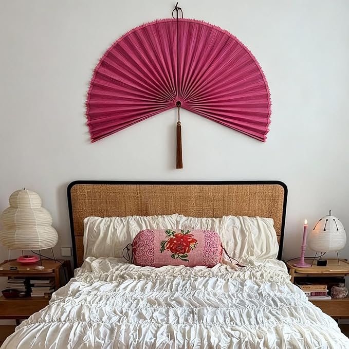 ChumDecor Fan Wall Decor,Japanese Wall Fan Decor,Large Bamboo Fan Wall Art for Boho Hanging Headboard,Decorative Folding Fan for Over Bed Decorations,Large Wall Dcor (Pink, 60 inch)
