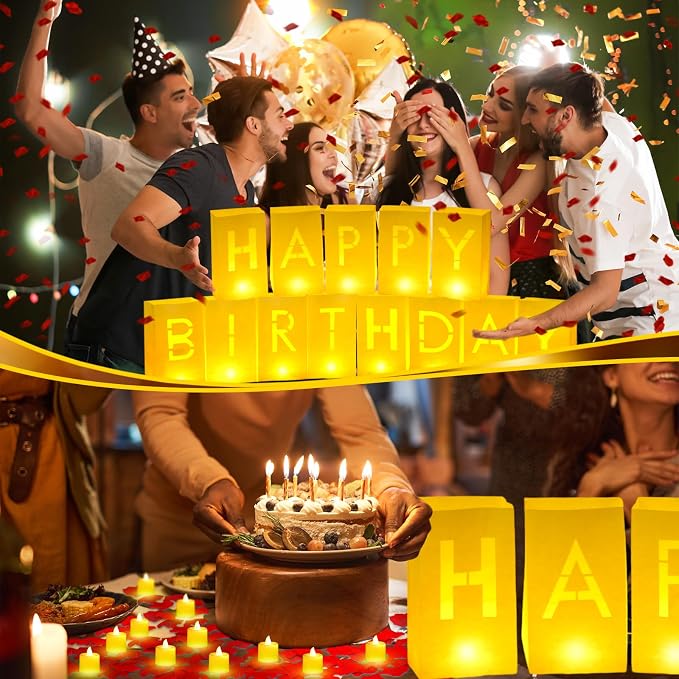Aurelema 6085 Pcs Happy Birthday Light Up Letters with LED Flameless Tealight Candle Red Rose Petal Letter Luminary Paper Bag for Decoration Party Romantic Night Decor for Women Men