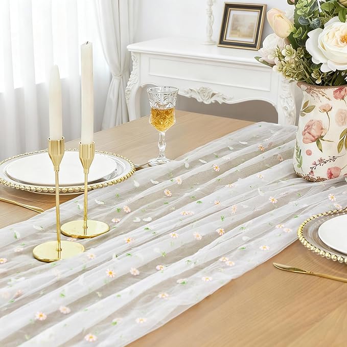 FEXIA Spring Table Runner 10FT Elegant Garden Tea Party Decor Pastel Embroidered Sheer Mesh Floral Gauze Summer Wedding & Easter Party Bridal Shower Living Room Styling Valentine Home Decor