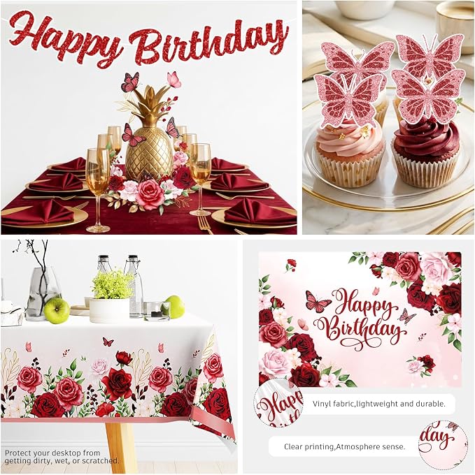 271 Pcs Burgundy Party Decorations, All-in-one Women Birthday Decorations with Burgundy Balloons, Banner, Backdrop, Plates and Napkins Set, Floral Happy Birthday Decorations Rose Gold