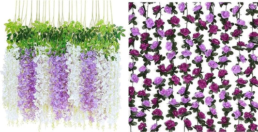 BLEUM CADE 36 Pcs White & Purple Wisteria Hanging Flowers, 3.6Ft/Pcs Fake Wisteria Flowers and 12Pcs 98.4Ft Flower Garland Artificial Rose Vines for Bedroom