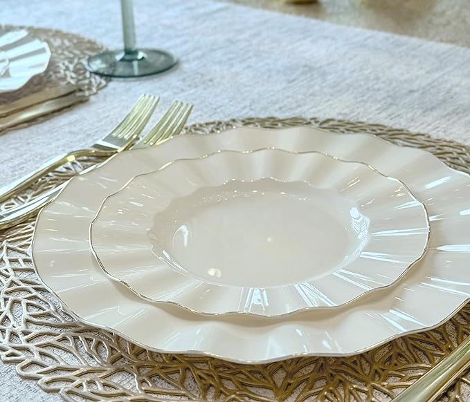 " OCCASIONS " 60 Plates Pack (30 Guests)-Heavyweight Wedding Party Disposable Plastic Plate Set -30 x 10.25'' Dinner + 30 x 7.5'' Salad/dessert plates (Bloom Ivory & Gold)