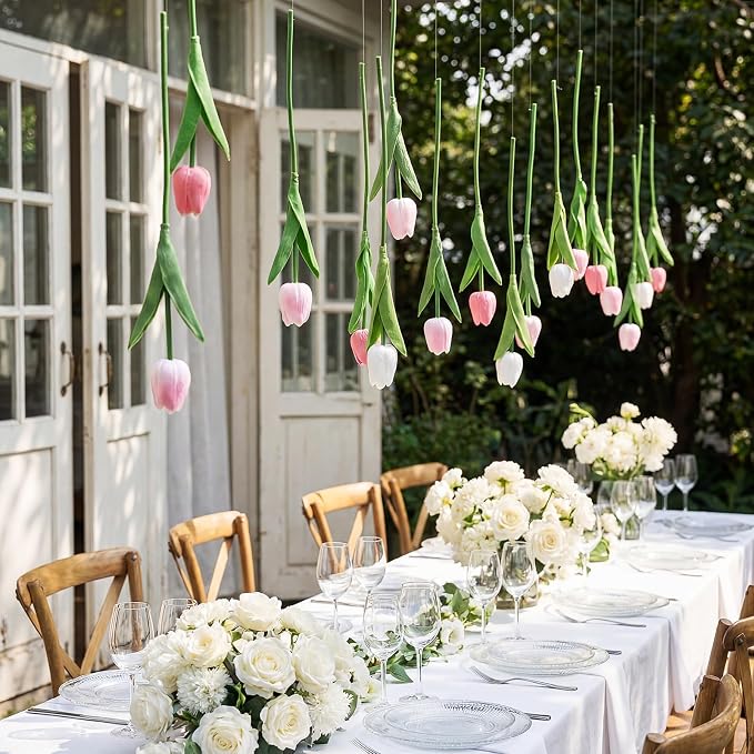 24 Pack 6 ft Artificial Tulips Hanging Flower Garland Decorations Spring Tulip from Ceiling Dangling Valentines Faux Floral Vine Strings with Hook for Wall Ceiling Wedding Party (Multicolor)