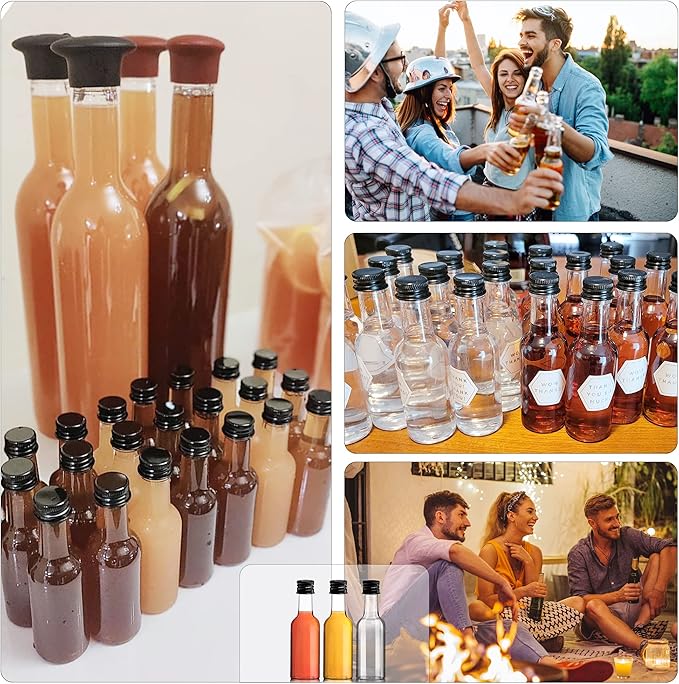 YZXODN 50 Pack 1.7oz Mini Liquor Bottles with Labels, Plastic Alcohol Bottles, Airtight Shot Bottles, Little Spirit Bottle with Funnel Black Caps, Hot Sauce Bottle for Cocktail, Party Favors, Weddings