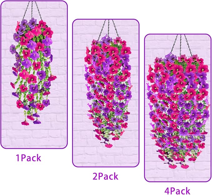 4PCS Artificial Hanging Flowers for Outdoors Summer Decoration, Upgrade UV Resistant Faux Silk Hanging Plants for Outside Home Planter Porch Patio Decor (Purple&Pink Rose)