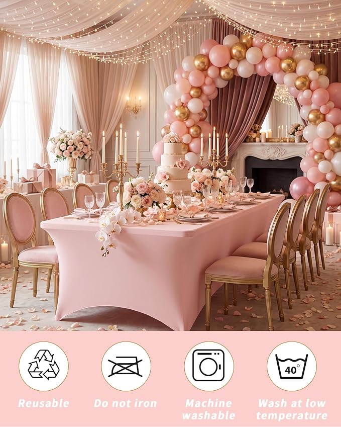 Fixwal Pink Stretch Table Cloth Rectangle 2 Pack 6FT, Spandex Fitted Table Covers Washable for Party, Trade Show, Banquet, Wedding, Buffet